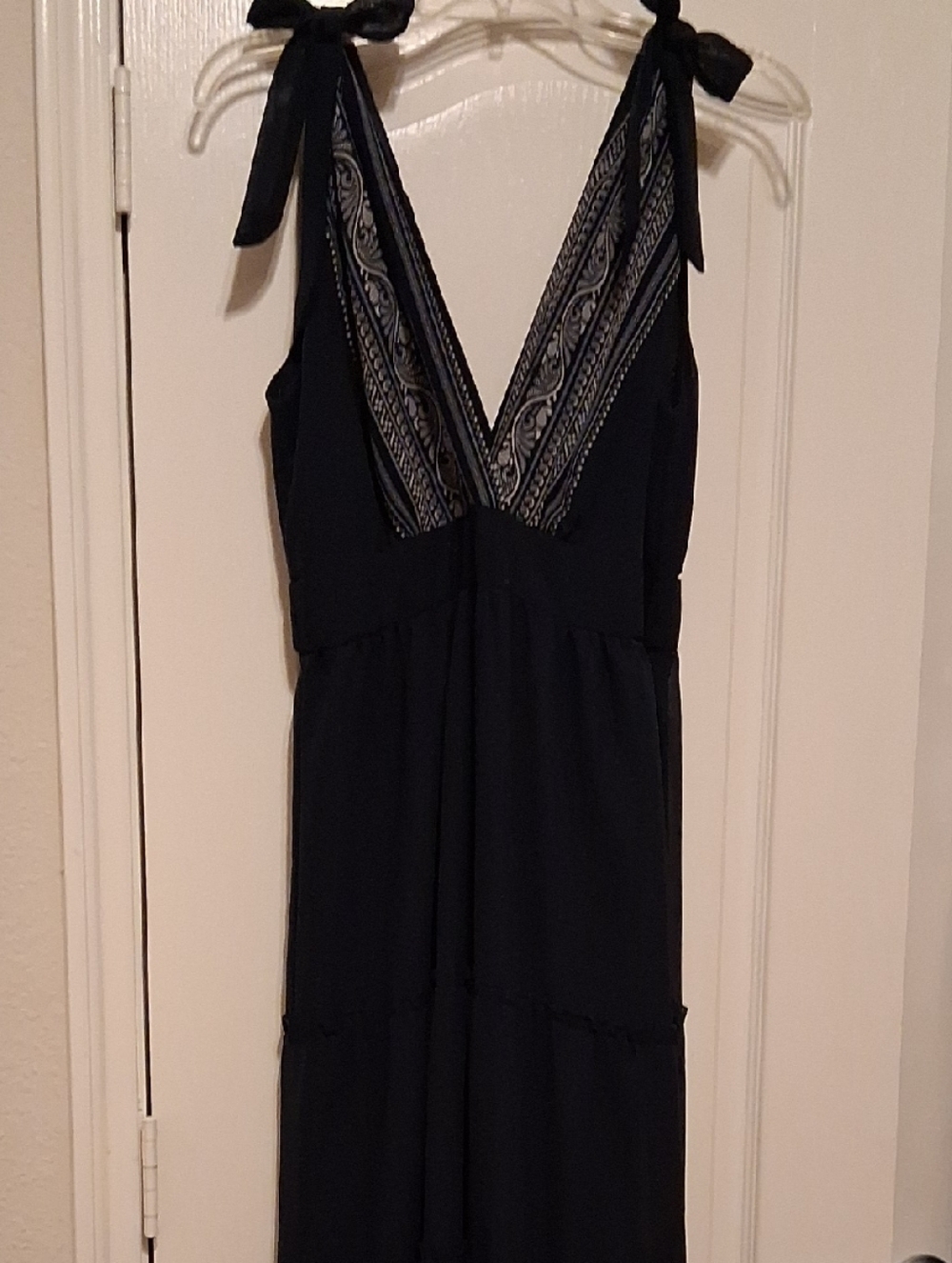 Women’s Navy Blue Maxi Dress with V-Neck and Tie Straps